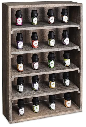 Ikee Design Wooden Wall-Mounted Display Rack for Figures, Shot Glasses, Spice Can, Cosmetics or Perfume - 5 Adjustable Height Shelves, Space-Saving, Coffee Color
