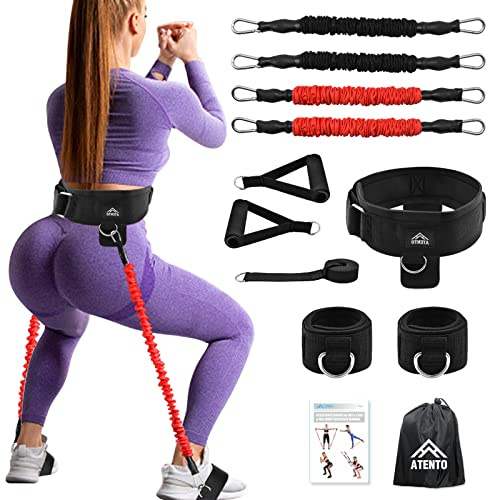 ATENTO Lot de 12 bandes de résistance pour jambes et fessiers, bande élastique de fitness avec poignées, ceinture de gymnastique, 4 bandes d'entraînement pour femmes et hommes, entraînement des