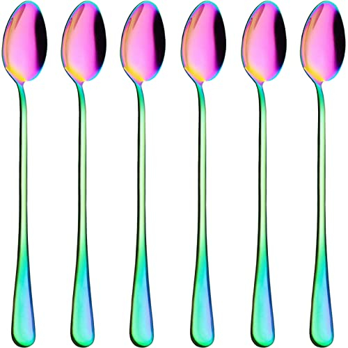 Latte Spoons,Set of 6 Long Handle Spoons,19cm Stainless Steel Coffee Spoons, Ice Tea Spoons, Espresso Spoons, Dessert Spoons for Coffee Tea Dessert Sundae (Rainbow New)
