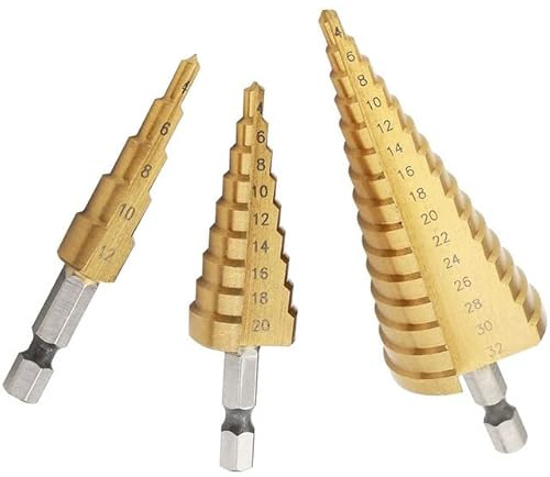 SDTOOLS Step Drill Bit Set for Wood Titanium Coated Hard Metal Punch Hole Cutter Woodworking Tools Stepped Drills 32mm Hex Cone Bits Kit (set (packed))