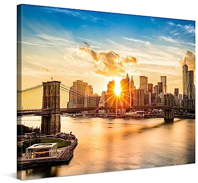 PICANOVA – Leinwandbild 80x60cm Manhattan New York City Sonnenuntergang – Leinwanddruck – Wandbild Kunstdruck Auf 2cm Holz-Keilrahmen Für Schlaf- Und Wohnzimmer Wanddekoration – Bild auf Leinwand