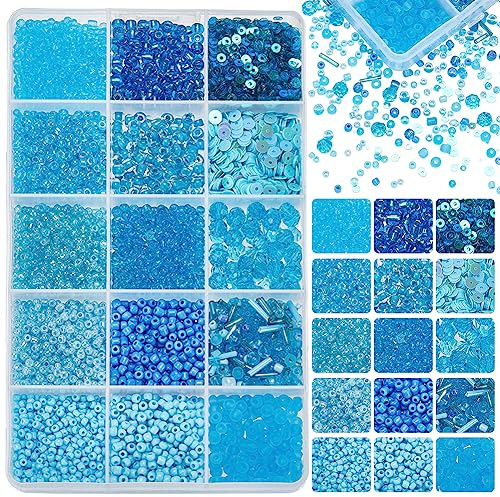 PH PandaHall 9600 pz Perline Artigianali Blu 12 Stili Perline di Vetro 2mm 3mm 4mm Perline di Pony con Perline di Vetro Bugle 6mm Perle di Vetro Sfaccettato 2 Perline di Paillettes Paillettes Rotonde