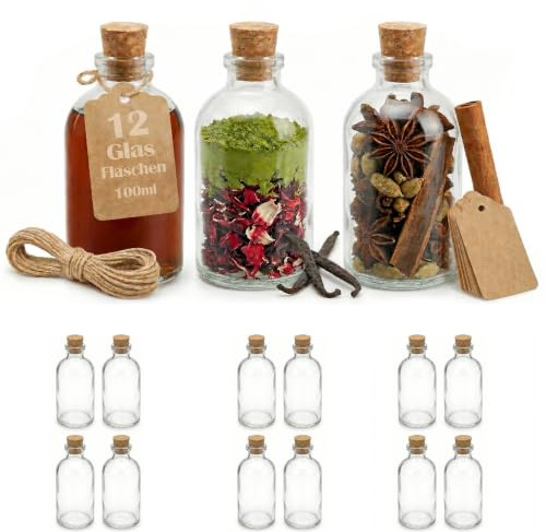 casavetro 12 botellas de cristal pequeñas de 100 ml de 10 cm de alto para decoración de mesa, para bodas, regalos de invitados