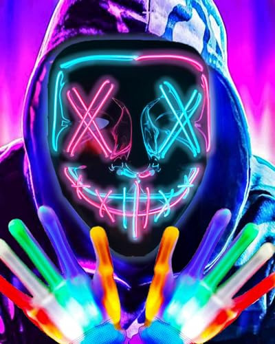 DWTECH Purge Mask with LED Gloves Halloween Costumes for Men Women,Scary LED Purge Mask Skeleton Glow Gloves Costumes,Light up Anonymous Scream Masks for Adult Halloween Gifts
