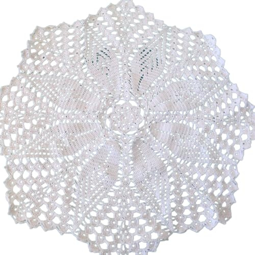 Weißes Häkeldeckchen mit großer Blume, rundes 43 cm