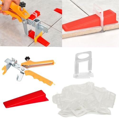 Aisamco Sistema di livellamento per piastrelle 1,5 mm, 300 pezzi distanziatore a cuneo per piastrelle e 100 pezzi di cunei con 1 pinza per l'installazione di piastrelle in pietra