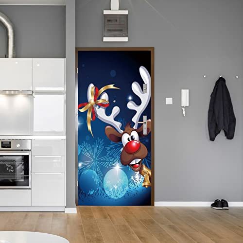 Fototapete Türtapete Selbstklebend 3D Türposter Weihnachts-Cartoon-Elch 90X200Cm - Abnehmbar Wandtattoo Türfolie Poster Tapete Türaufkleber Für Tür, Wohnzimmer, Schlafzimmer, Küche Und Bad