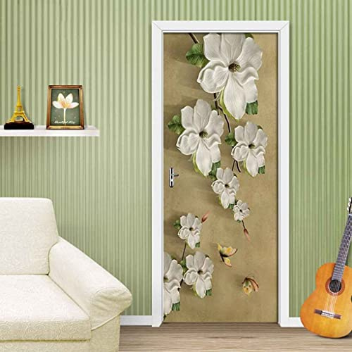 Door Panel Wall Stickers Art White Pansy 3D Door Stickers for Interior Doors Self Adhesive Wall Art Stickers for Bedroom House Living Bedroom Office Children's Room 90 X 200 Cm