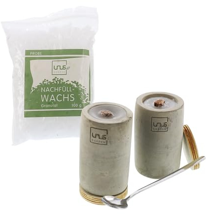 UNUS Beton-Feuer Outdoor, Set mit 2x lange Zylinder Beton Kerze | 100g Nachfüllwachs, Löschbretter und Löffel zum Nachfüllen, Tischkamin mit Dauerdocht, Tischfeuer Recycling Kerzenwachs