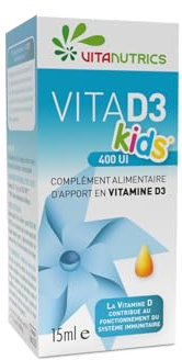 Vitanutrics - VITA D3 Kids 400 UI - Vitamine D3 Naturelle pour Enfant - Immunité, Dentition, Ossature - Idéal en Période de Croissance - 100% d'Origine Naturelle - 15 ml