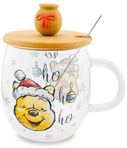 Disney Winnie Puuh Holiday Glas-Kaffeetasse mit Deckel und Löffel, transparente Kaffeetasse für Tee, Espresso, Kakao, Fassungsvermögen: 500 ml