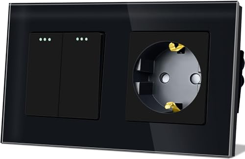 TAWOIA Lichtschalter mit Steckdose 2 Fach 1 Weg Glas Platte Unterputz Taste Schalter mit Schuko Steckdose 16 Amp 86 * 157mm Schwarz Wechselschalter