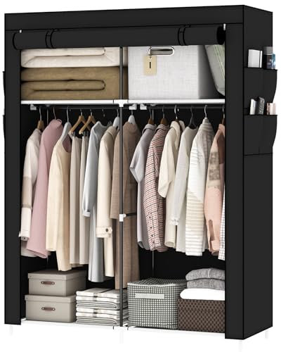 OPPAIYA Canvas Wardrobe for Bedroom, Fabric Wardrobes with 2 Storage areas、2 Hanging Rails and 8 Side Bags, Pop up wardrobe 105 x 45 x 165 cm, temporary wardrobes, portable wardrobes metal, black