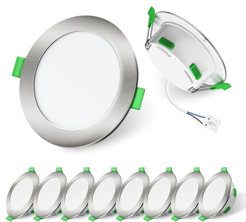 ALUSSO LED Einbaustrahler 230V 3CCT Dimmbar, 4W/6W/8W Nickel Spots 10er Set | 3WT Ultra Flach 68mm Deckenspots, 3000K/4000K/6500K Einbauspots, IP44 für Zimmer, Badezimmer, Küche, Dachvorsprung