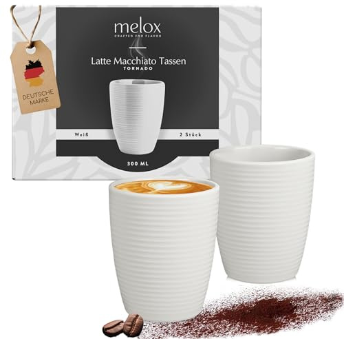 MELOX 2er Set Latte Macchiato Tassen aus Porzellan Weiß á 300ml ohne Henkel | Kaffeetassen extra dickwandig auch geeignet für Kaffee & Cappuccino - Macchiatotassen im Original Italien Design ohne Griff