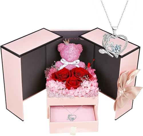 ELEUTH Rose Moosbär Geschenke für Mama,Echte Ewige Rose Geschenkbox mit Halskette,Konservierte Rose Blumen Box Muttertagsgeschenk fur Mama Frauen Ehefrau Freundin Oma Valentinstag Jahrestag Weihnachte