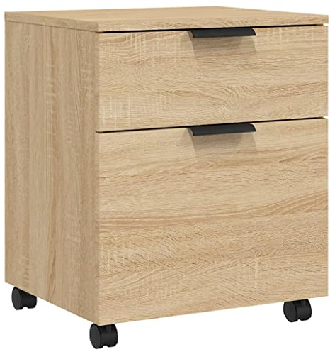 Aktenschrank mit 4 Rollen und 2 Schubladen, 2 Rollen mit Bremsen, Vorratsschrank aus Holz, für Schlafzimmer Arbeitszimmer Büro, Sonoma-Eiche 45x38x54 cm