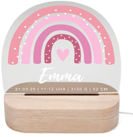 DEL MÀ Unique & Personal Regenbogen Nachtlicht Baby personalisiert Babyzimmer Kinder Deko Kinderzimmer Nachtlampe Mädchen Jungen Kinderlampe Inkl. Holzfuß (Rosa)