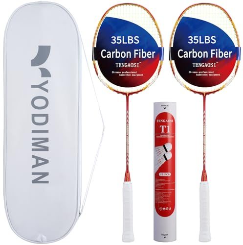 TENGAOSI - 2 Player Graphite Badminton Racket Set - Including 1 Badminton Bag/1 Rackets/2 Feather Shuttlecocks/12 (Orange)