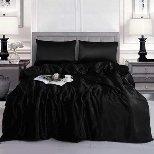Hadi London Slik Satin Duvet Cover Sets - Luxurious Bedding with Zip Fastening - Soft and Breathable Quilt Cover with 2 Pillowcases - Available in Single, Double, and King Sizes (BLACK, KING)