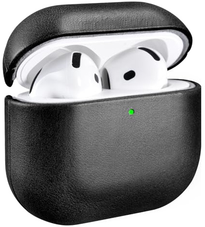 Läderfodral för AirPods 4 2024, ICARER Premium äkta läder Stötskyddande Fodraltäckning för Apple AirPods 4 Hörlursladdningsfodral (LED synlig) Stöder Trådlös Laddning (Svart)