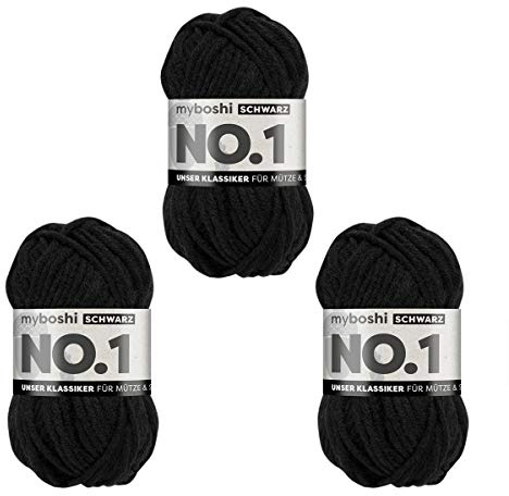 myboshi No.1 Wolle zum Häkeln und Stricken, Schnellstrickgarn, langlebige Mützenwolle, Strickwolle, Häkelwolle, mulesing-frei, 50g, Ll 55m Schwarz (Schwarz) 3 Knäuel