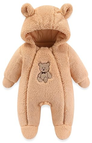 JiAmy Baby Snowsuit Hooded Romper Winter Outfits Boys Girls Cartoon Bear Fleece Jumpsuit Brown Bear 3-6 Months