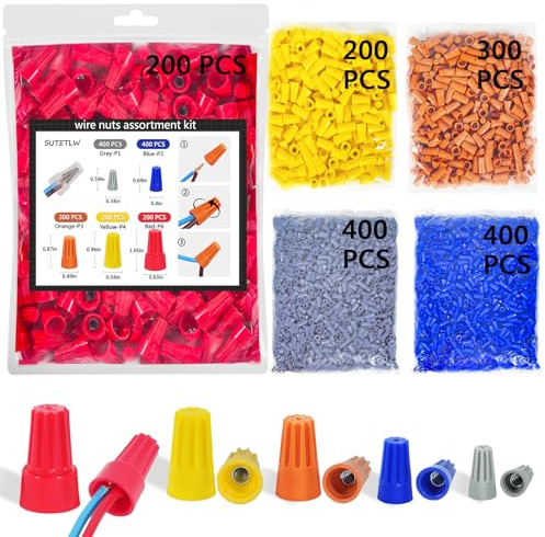 SUTETLW Wire Nuts Assortment Kit 1500 PCS Insulating Insert Twist Electrical Wire Connectors Nuts, Springs Screw Terminals Wire Caps for Wire Connection, 5 Sizes