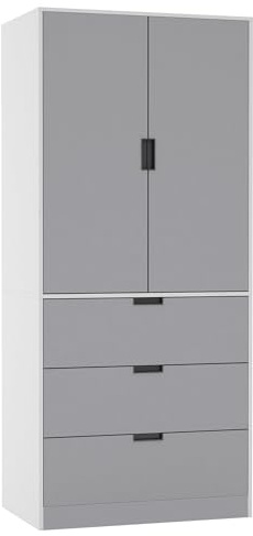 URBNLIVING 2 Door 3 Drawer Black White Oak Grey Modern Wardrobe Furniture with Clothes Hanging Rail Storage Shelf for Home Bedroom Organiser Unit H180cm x W80cm x D50cm