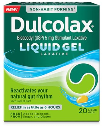 Dulcolax Stimulant Laxative Liquid Gels, Predictable & Effective Constipation Relief, Relieves Constipation Related Symptoms, Bisacodyl 5 mg, No Added Parabens, Gluten-Free & Sugar-Free, 20-Count
