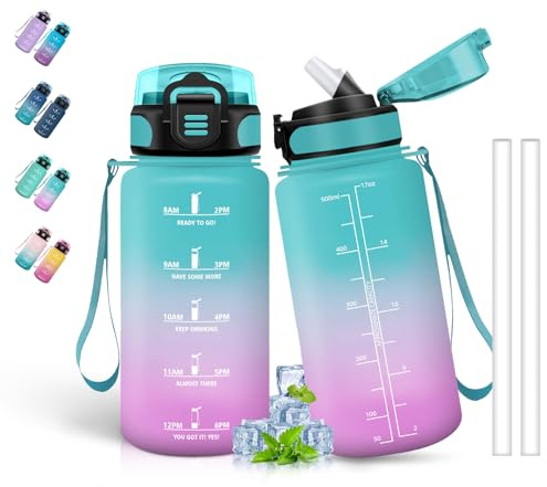 Grsta Gourde, 500ml Gourde Enfant, Gourd Paille, Anti-Fuite, Gourd Graduée pour 1 Journee, Facile à Nettoyer, avec Slogan de Motivation, Bouteille d'eau pour l'École, Voyage, Vert-Rose
