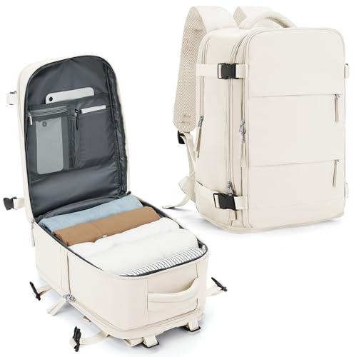 SZLX Großer Reiserucksack Damen,Ryanair Handgepäck 40x20x25 Rucksack Easyjet Cabin Bag Rucksack Wasserdicht Laptop Business Herren Reiserucksack Handgepäck Flugzeug mit Schuhfach Beige