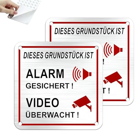 SINMAO Este cartel con texto en alemán Das Grundstück wird Videoüberwacht (10 x 10 cm, aluminio, autoadhesivo, con alarma, 2 unidades)