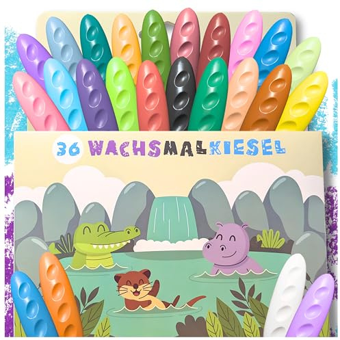 Sabbatbox Kiesel Wachsmalstifte mit App für Kinder, 36 Farben, bruchsicher, ungiftig, waschbar & kinderleicht zu halten, Malstifte für Kinder, 36er Set