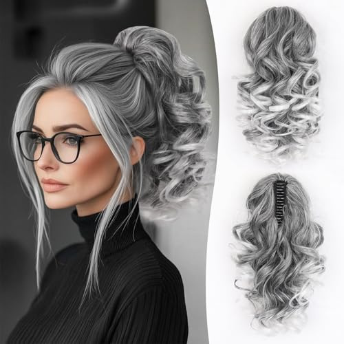 Pferdeschwanz-Haarverlängerung mit Haarklammer, 30,5 cm, kurze Pferdeschwanz-Verlängerung, gewelltes Haarteil für Damen, synthetische Clip-in-Haarverlängerungen (Farbe: Grau mit weißen Enden)