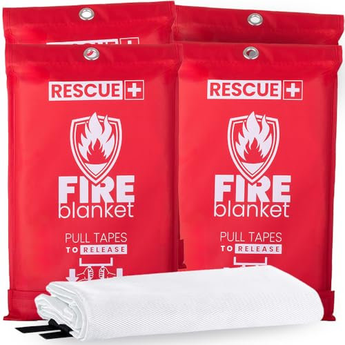 Rescue+ Emergency Fire Blanket for Home, Kitchen, Workplace & Travel, 40” x 40” Fiberglass Flame Retardant Safety Blanket, Fire Suppression for House, Camping, Car Emergencies - Pack of 4