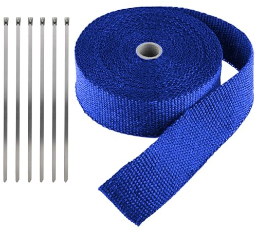 LKRXW Benda Termica Scarico per Auto Isolante per Collettori Moto Nastro | Fibra Vetro Fascia Termico Collettore Nastro Termiche Protettivo Calore Resistente Blu 5CM X 10M Con 6 Fascette