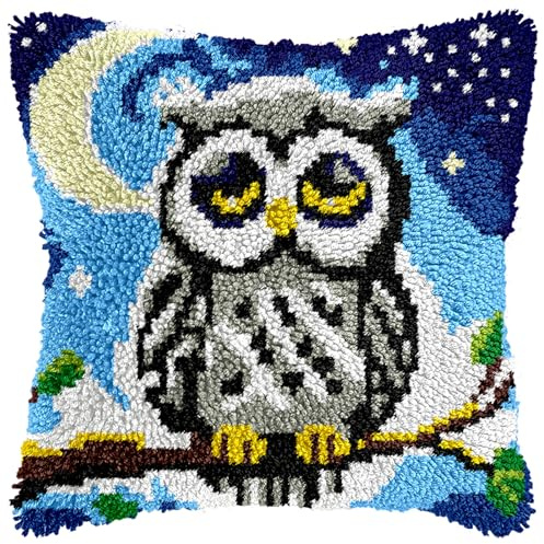 veirousa Kit de crochet à loquet en forme de chouette endormie pour adultes débutants – Kit de coussin pré-imprimé en maille pour décoration de maison, canapé, 43,2 x 43,2 cm, cadeau à faire soi-même