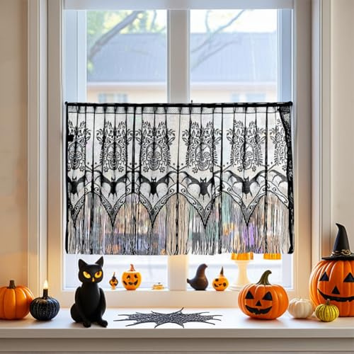 Ricemru Gothic Scheibengardinen Schwarz Spitze mit Totenkopf Fledermaus Muster Spitzenvorhang Spitzengadinen Kurz Vorhang für Halloween Themenparty 1 Stück,150x52