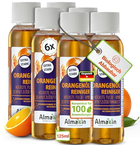 AlmaWin® Orangenöl Reiniger EXTRA STARK [6x 125ml] ideal als starker Allesreiniger & Fettlöser - Veganes Orangenreiniger Konzentrat mit fruchtigem Duft - Besonders ergiebiger Orangenölreiniger