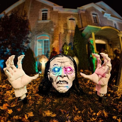 Halloween Deko Animatronic Zombie, Schwankender Groundbreaker mit LED-Blitz Augen, Gruselig Halloween Deko Outdoor Figuren Animiert, Skelett Lebensgroß, für Garten Hof Rasen (A)