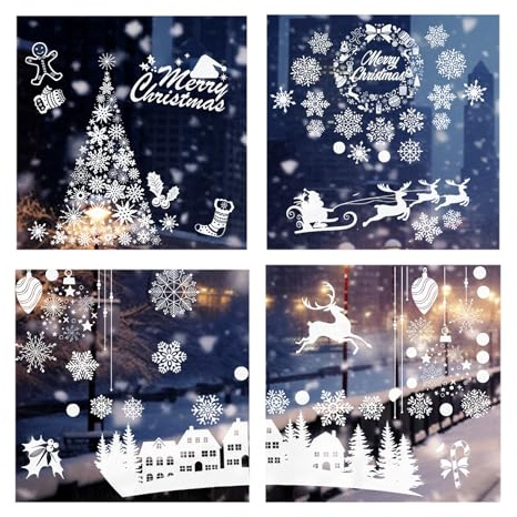 KLINNA 9 decorazioni per finestre natalizie con fiocchi di neve e renna, riutilizzabili in PVC, colore bianco, autoadesive per finestre invernali, decorazione natalizia statica, senza colla