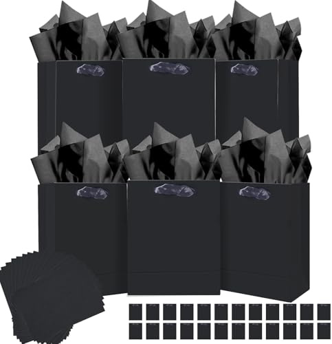 qiqee 24pcs Black Gift Bags with Tissue Paper for Wedding, Birthday, Party Supplies-7.9x4.3x9.6 Medium Size Cardboard Gift Bags（24pcs Bags + Tissue Paper ）