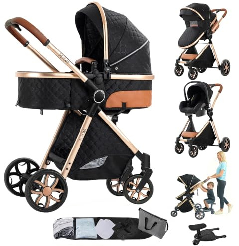 Kinderwagen 3 in 1,Zwillingsbuggy mit Ritt-Aufsatz-Kombi - Doppelsitz für Säuglinge und Kleinkinder und wetterfesten Zubehör(Schwarz&Gold)