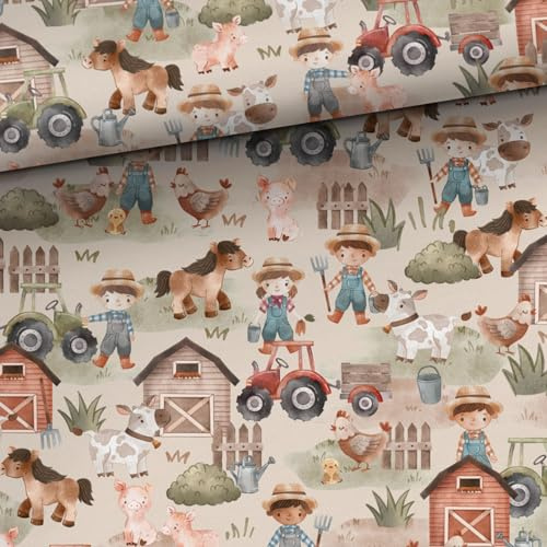 je 50cm French Terry Stoff Meterware Kinder Tiere Bauernhof Traktor - Shorts Jogginghose Stoffe zum Nähen mit Bauernhoftiere - Sommersweat Babystoffe & Kinderstoffe aus 95% Baumwolle