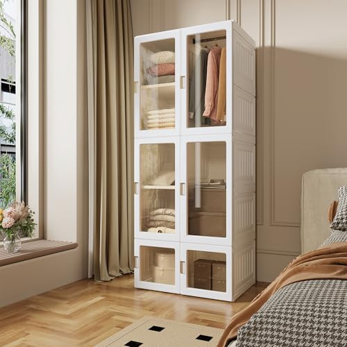 Liuyoyo Modern garderob 69 x 170 x 50 cm med 10 fack, 6 dörrar och 1 stång, vikbart multifunktionellt skåp, PP-material, för vardagsrum sovrum, vit