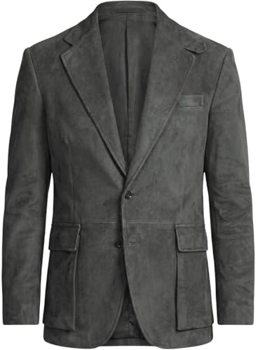 Mens Suede Leather Blazers – 2 Button Casual Sport Leather Blazer Coat – Genuine Suede Leather Blazer for Men (US, Alpha, 4X-Large, Regular, Regular, Grey)