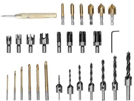 Juego de carpintería de 29 piezas con brocas avellanadoras de 1/4 de pulgada, herramientas avellanadoras de vástago redondo, cortadores de tapones para madera, brocas de fresado,