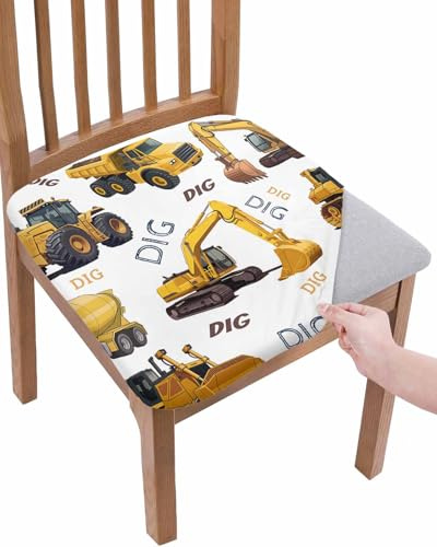 Construction Truck Seat Covers for Dining Room Chair Set of 6, Cartoon Grips and Bulldozers Stirrup Car Stretch Cushion Cover Washable Kitchen Chair Covers, Removable Chair Slipcovers Protector