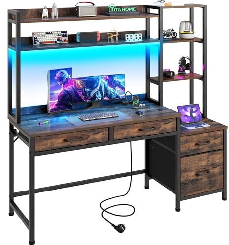 YITAHOME Computer Schreibtisch mit Schubladen Steckdose USB 150cm Braun | Eckschreibtisch Bücherregal, Monitorständer, Computertisch Aufbewahrungen & Regale, RGB LED, Home Office Studium Gaming